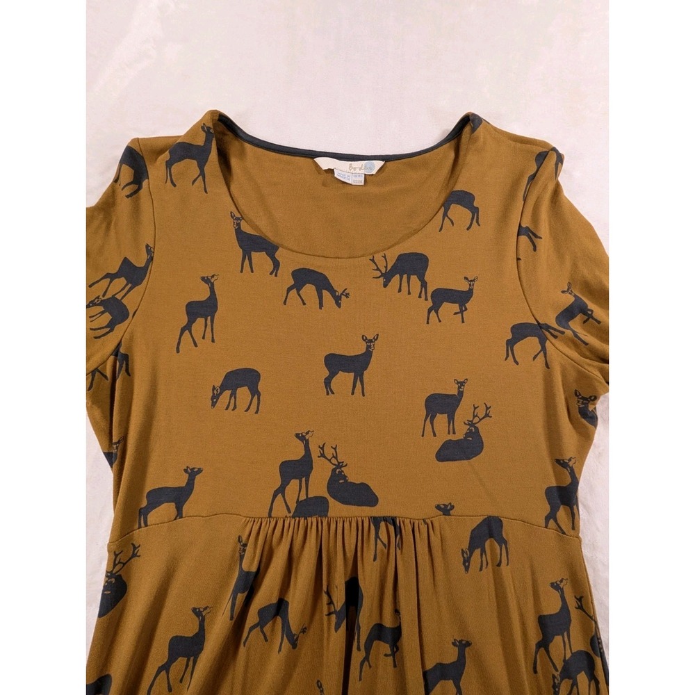 Boden Women's 10 Deer Print Dress Mustard Brown Navy Long Sleeve Fit & Flare - Picture 3 of 12